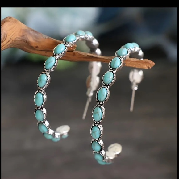 Turquoise Stone Large Silver Hoop Earrings - Picture 7 of 8